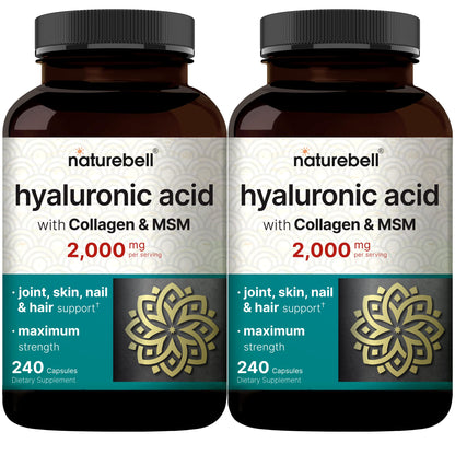 NatureBell 2 Pack Hyaluronic Acid 2000 mg | 480 Capsules with MSM & Hydrolyzed Collagen – Skin Hydration, Joints, Hair & Eyes