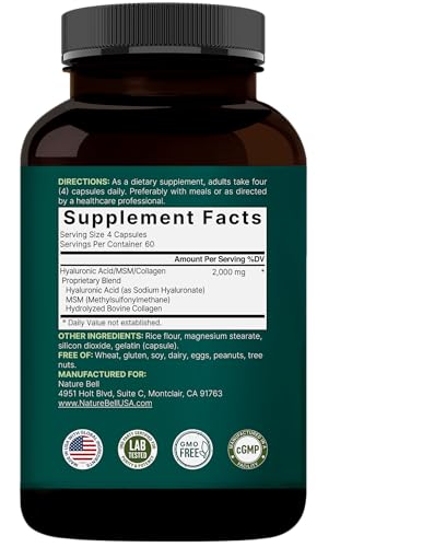NatureBell 2 Pack Hyaluronic Acid 2000 mg | 480 Capsules with MSM & Hydrolyzed Collagen – Skin Hydration, Joints, Hair & Eyes