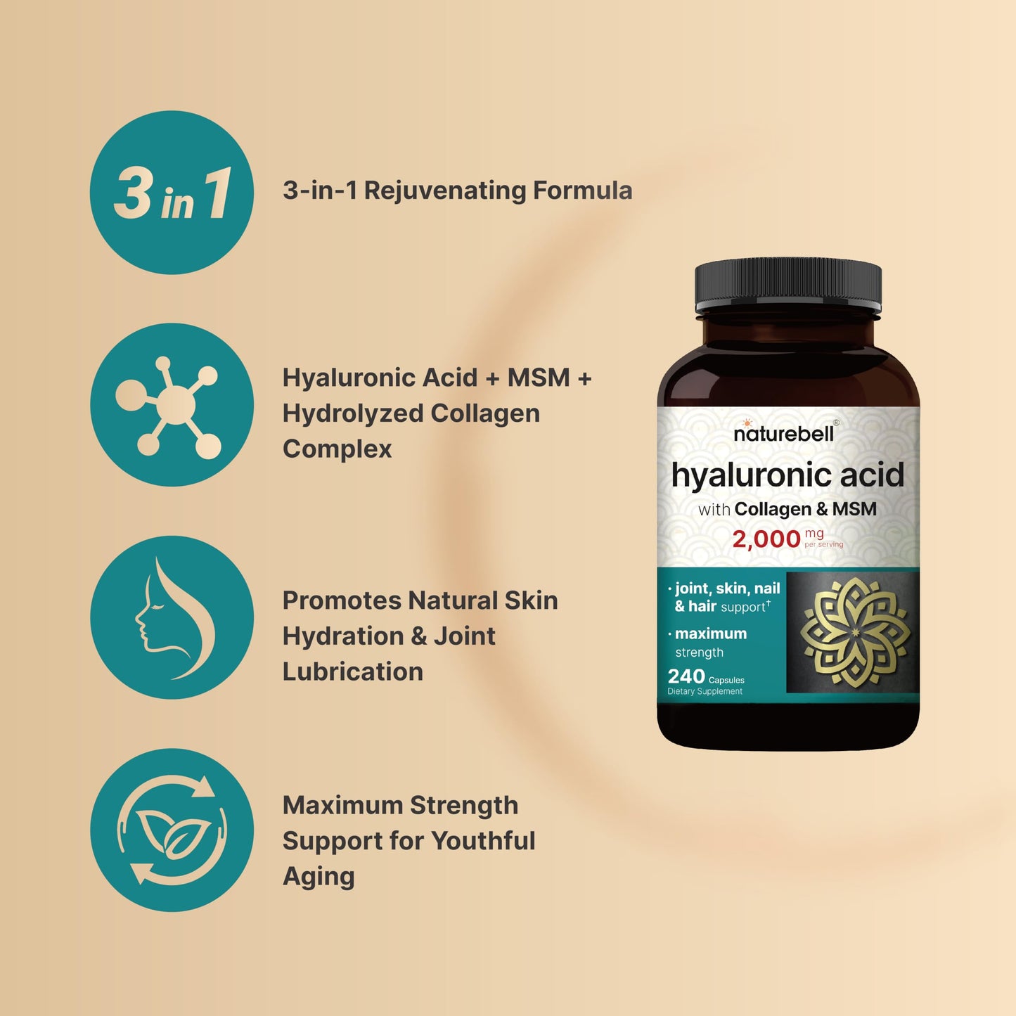 NatureBell 2 Pack Hyaluronic Acid 2000 mg | 480 Capsules with MSM & Hydrolyzed Collagen – Skin Hydration, Joints, Hair & Eyes