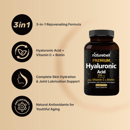 NatureBell Hyaluronic Acid 250mg – 240 Capsules with Biotin & Vitamin C (3-in-1)