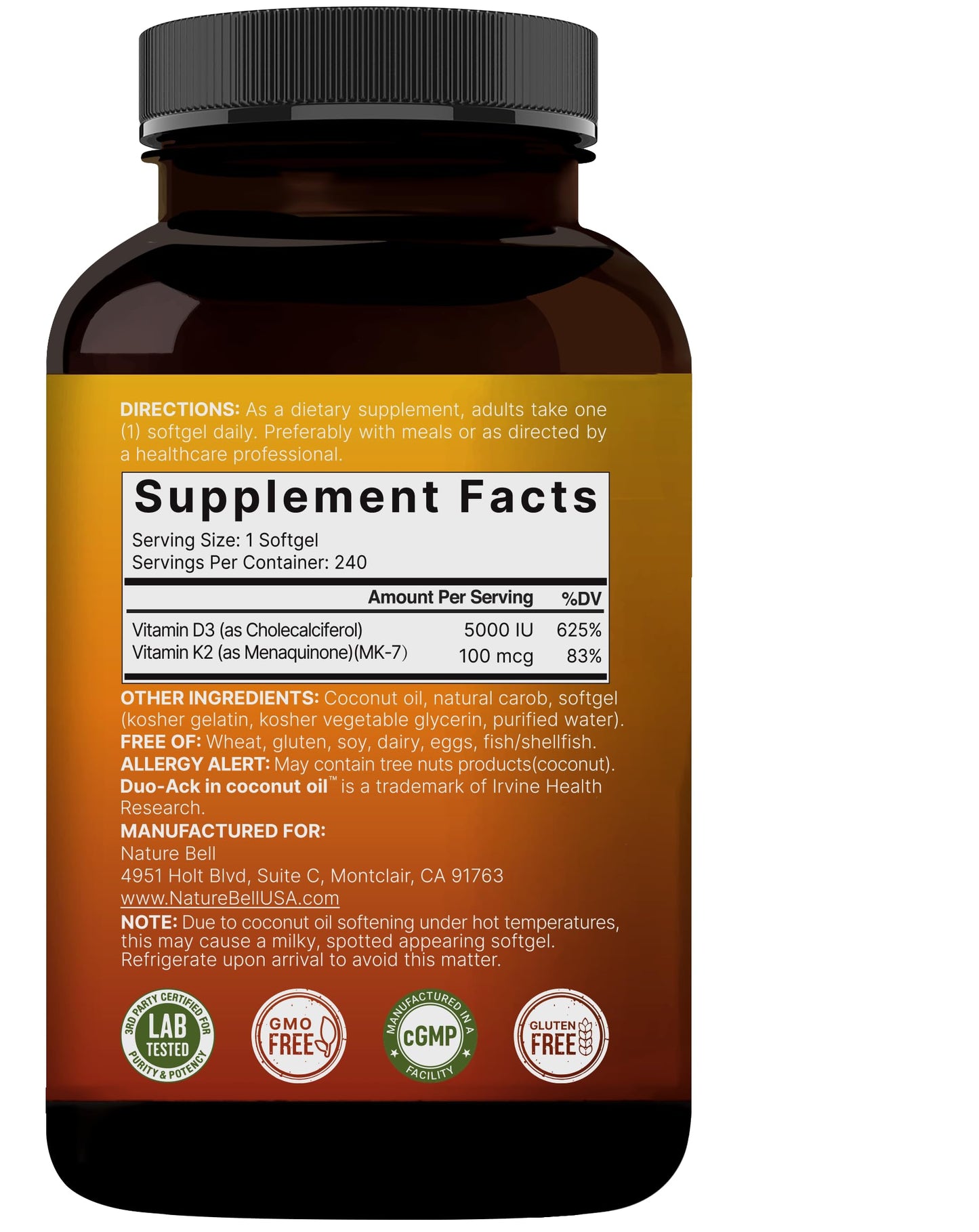 NatureBell Vitamin D3 5000 IU + K2 100 mcg - 240 Softgels | Virgin Coconut Oil