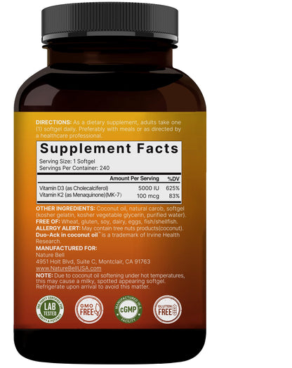 NatureBell Vitamin D3 5000 IU + K2 100 mcg - 240 Softgels | Virgin Coconut Oil