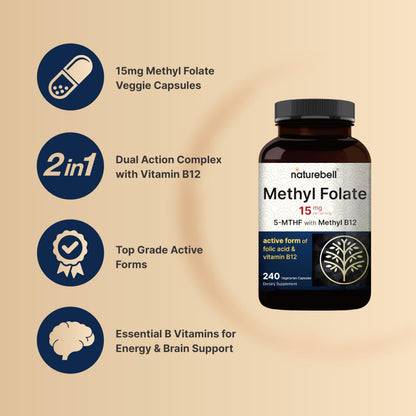 NatureBell L-Methylfolate 15mg | 240 Veggie Capsules | 5-MTHF + 1000mcg B12 – Energy & Cognitive Support