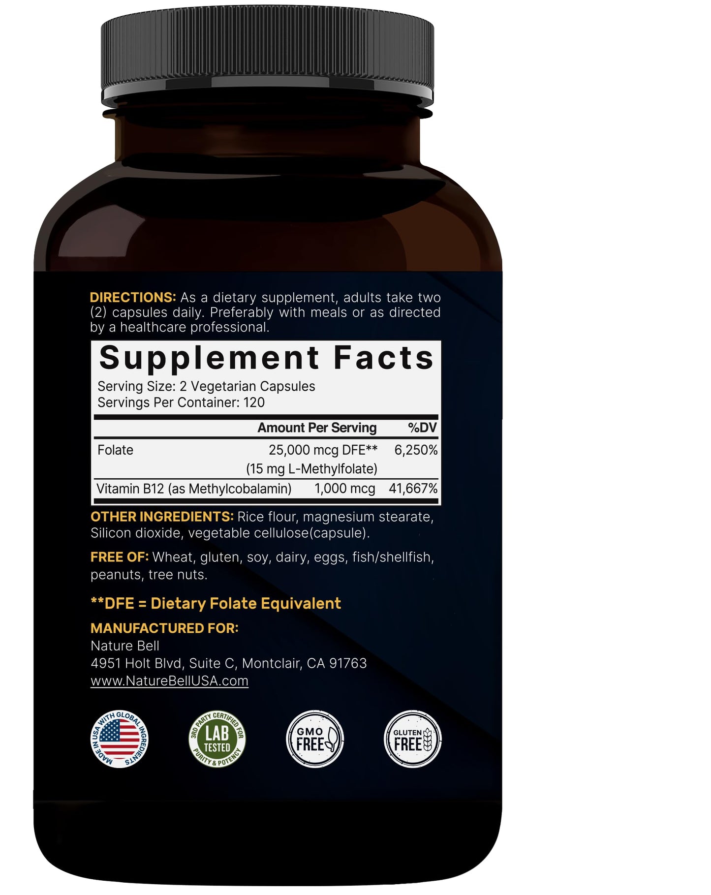 NatureBell L-Methylfolate 15mg | 240 Veggie Capsules | 5-MTHF + 1000mcg B12 – Energy & Cognitive Support