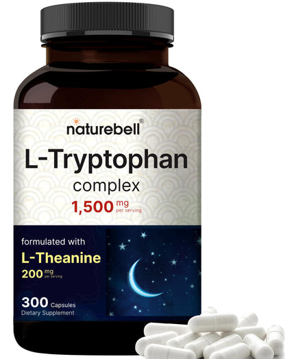 NatureBell L-Tryptophan 1300mg + L-Theanine 200mg | 300 Caps | Calm & Relaxation