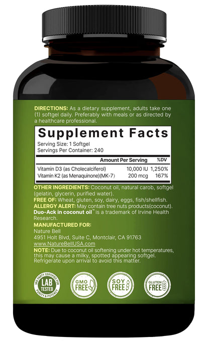 NatureBell Vitamin D3 10,000 IU + K2 200 mcg (MK-7) - 240 Softgels, Coconut Oil, Non-GMO