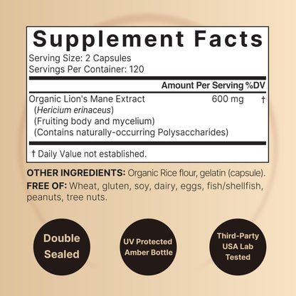 NatureBell Lion's Mane Mushroom Capsules – 240 (120-Day Supply) Organic Extract, Brain & Immune Support, Non-GMO