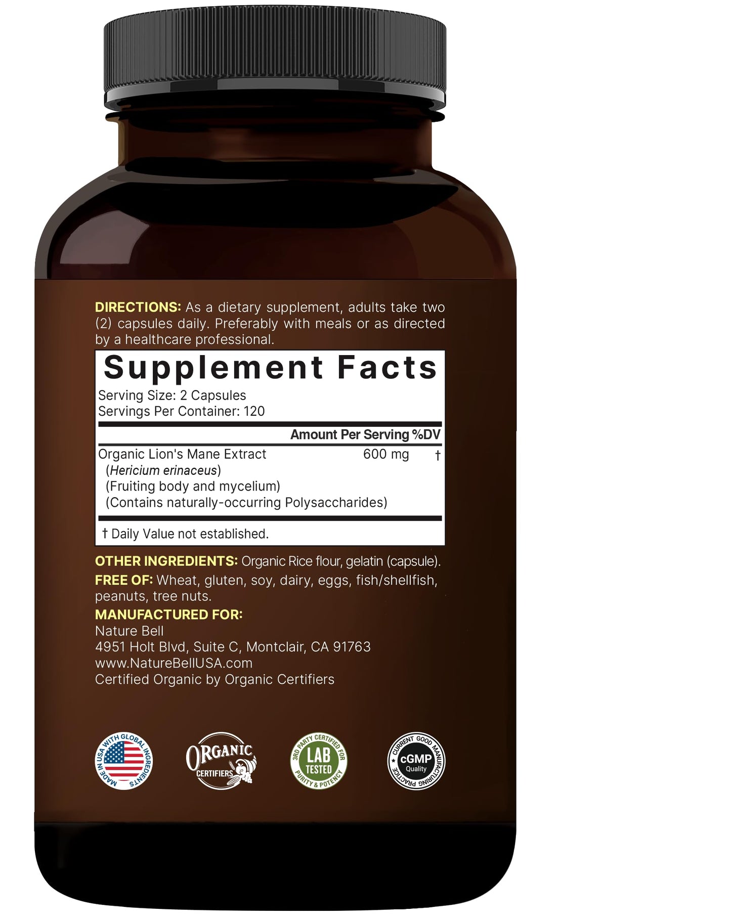 NatureBell Lion's Mane Mushroom Capsules – 240 (120-Day Supply) Organic Extract, Brain & Immune Support, Non-GMO
