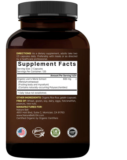 NatureBell Lion's Mane Mushroom Capsules – 240 (120-Day Supply) Organic Extract, Brain & Immune Support, Non-GMO