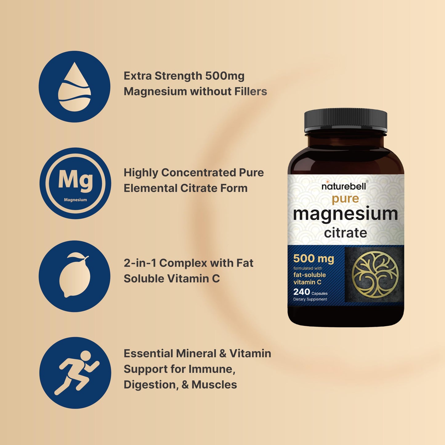 NatureBell Magnesium Citrate 500mg, 240 Capsules | High-Purity Elemental Form | Non-GMO, Gluten-Free