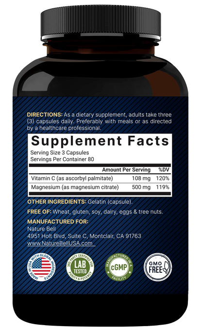 NatureBell Magnesium Citrate 500mg, 240 Capsules | High-Purity Elemental Form | Non-GMO, Gluten-Free
