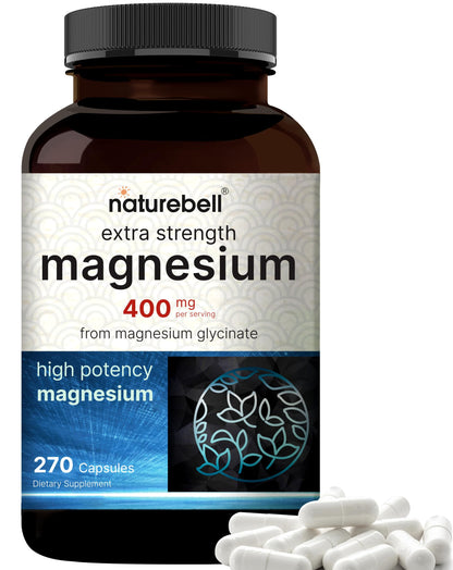 NatureBell Magnesium Glycinate 400mg | 270 Capsules | Chelated for High Absorption | Non-GMO, Gluten-Free, Vegan