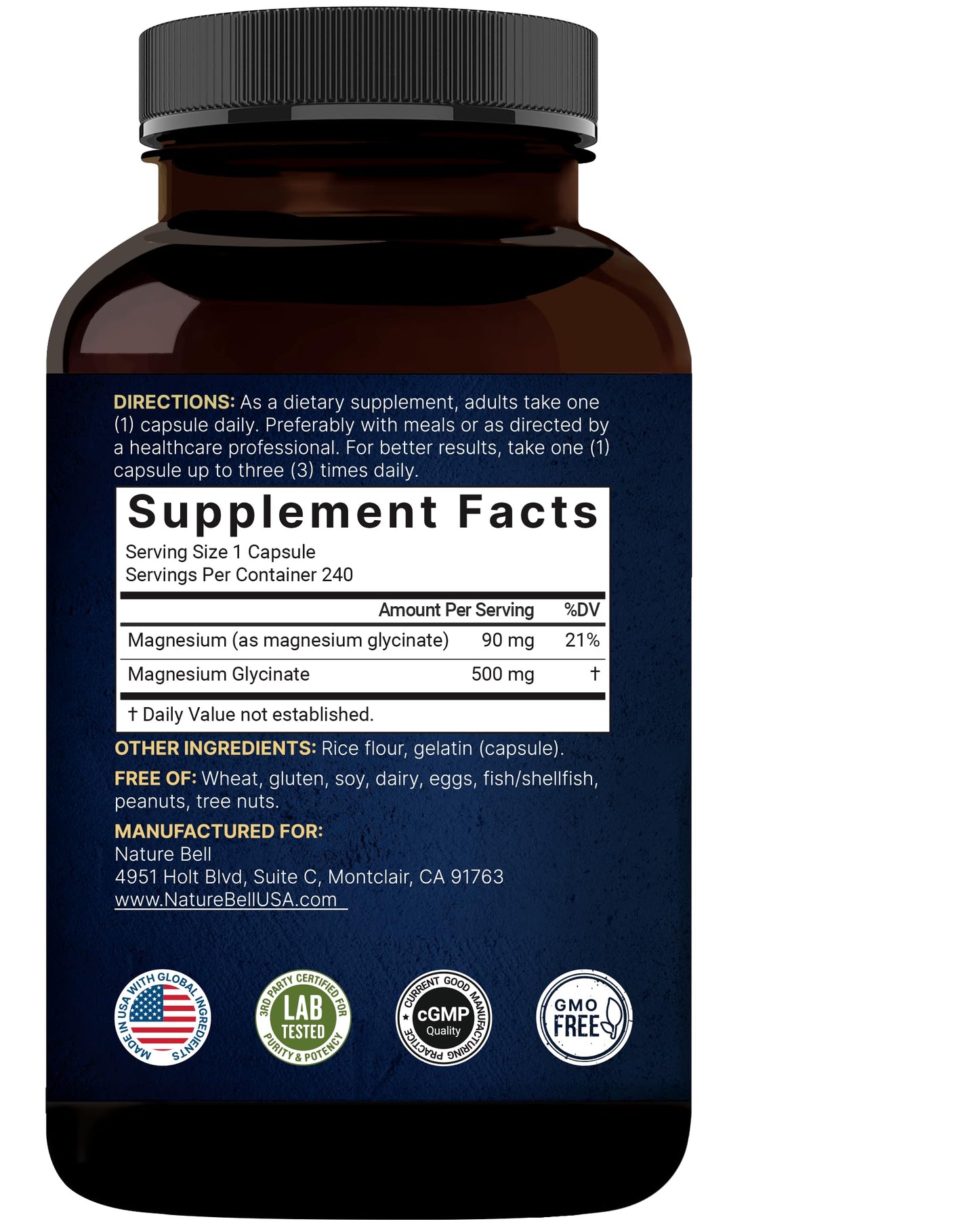 NatureBell Magnesium Glycinate 500mg Capsules | 240 Count, Chelated & Purified, 3rd-Party Tested, Non-GMO, Gluten Free