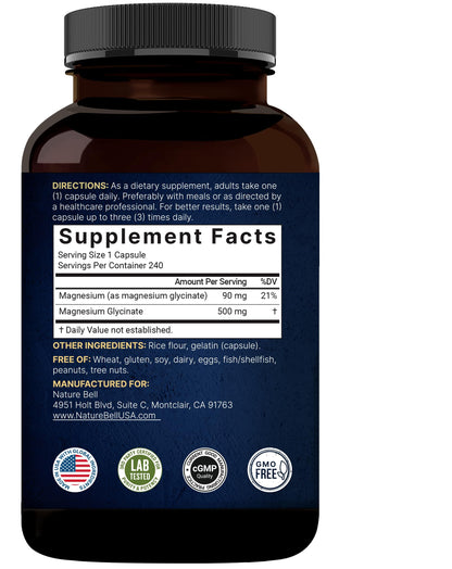 NatureBell Magnesium Glycinate 500mg Capsules | 240 Count, Chelated & Purified, 3rd-Party Tested, Non-GMO, Gluten Free