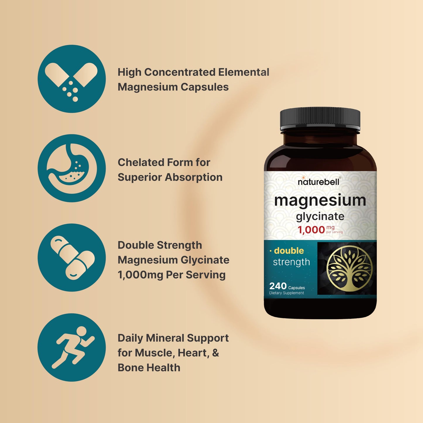 NatureBell Magnesium Glycinate 1000mg - 240 Capsules | Chelated & Non-GMO