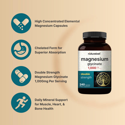 NatureBell Magnesium Glycinate 1000mg - 240 Capsules | Chelated & Non-GMO