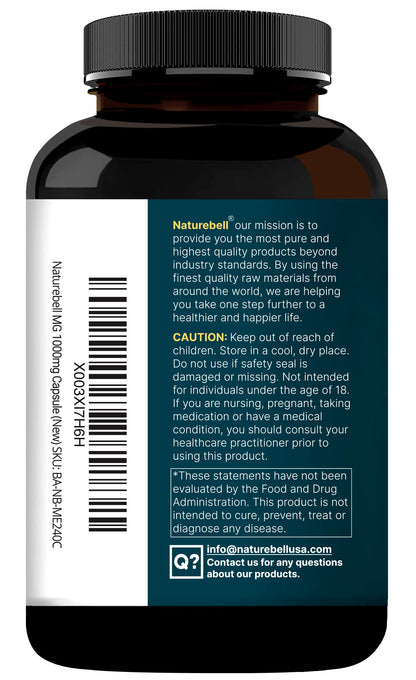 NatureBell Magnesium Glycinate 1000mg - 240 Capsules | Chelated & Non-GMO