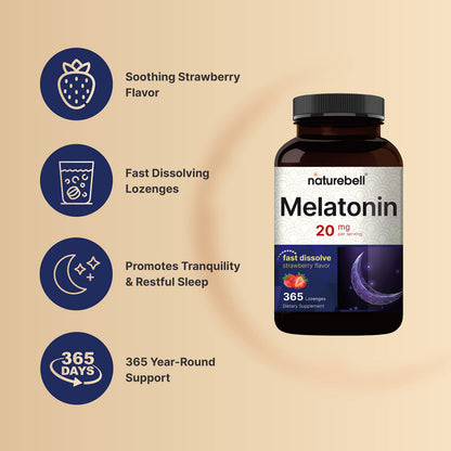 NatureBell Melatonin 20mg – 365 Fast-Dissolve Chewables, Strawberry | 1 Year Supply, Non-GMO & Gluten-Free
