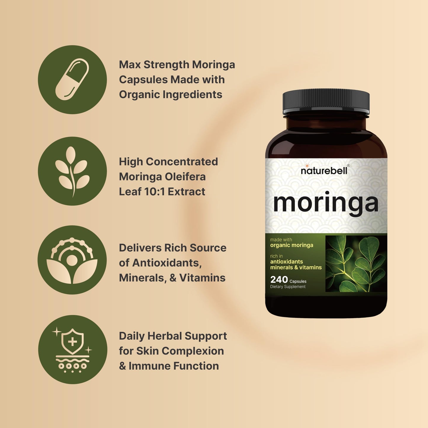 NatureBell Pure Moringa Capsules | Organic Moringa Powder, 240 Capsules