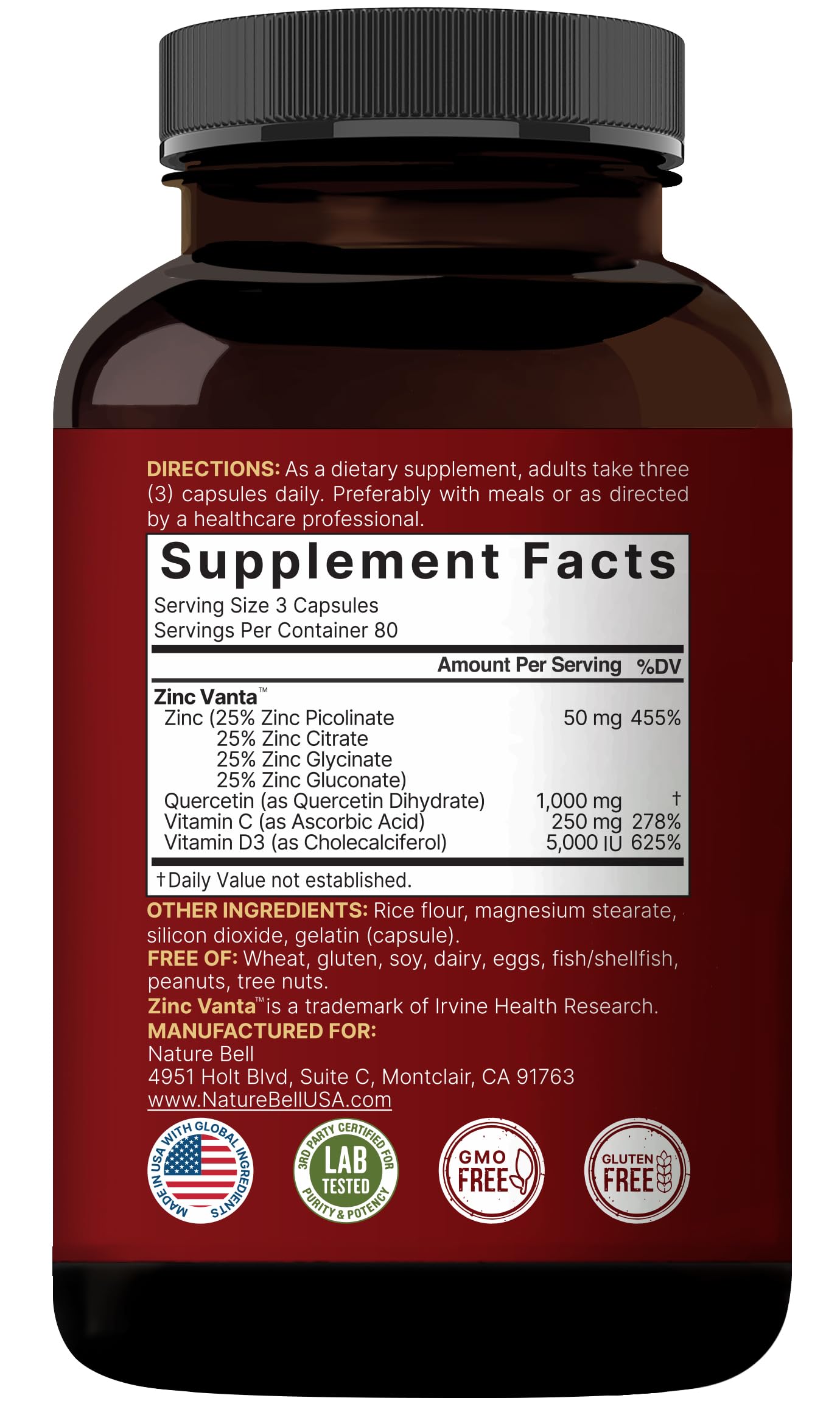 NatureBell Zinc Quercetin 480 Capsules (2 Pack) - 4-in-1 Immune Support