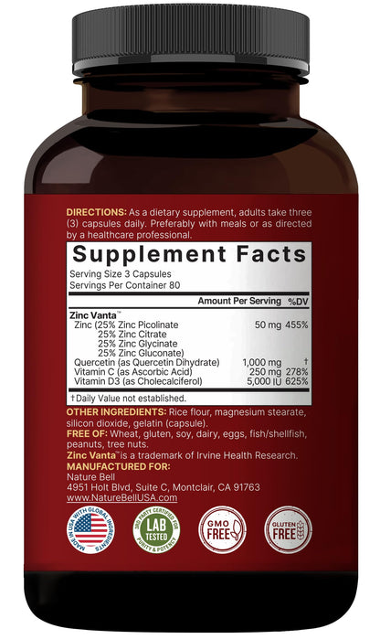 NatureBell Zinc Quercetin 480 Capsules (2 Pack) - 4-in-1 Immune Support
