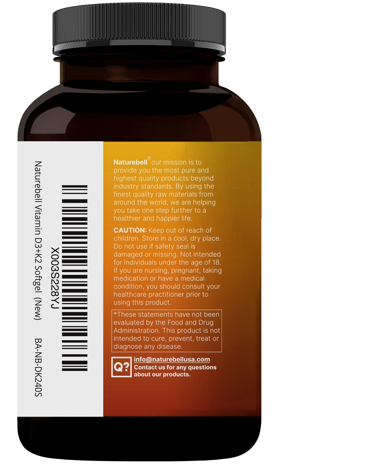 NatureBell Vitamin D3 5000 IU + K2 100 mcg - 240 Softgels | Virgin Coconut Oil