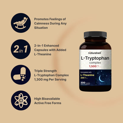NatureBell L-Tryptophan 1300mg + L-Theanine 200mg | 300 Caps | Calm & Relaxation