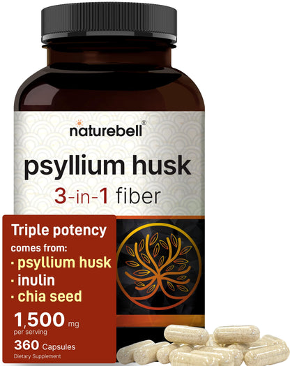 NatureBell Psyllium Husk Fiber – 1,500mg/Serving, 360 Capsules | Organic, Non-GMO