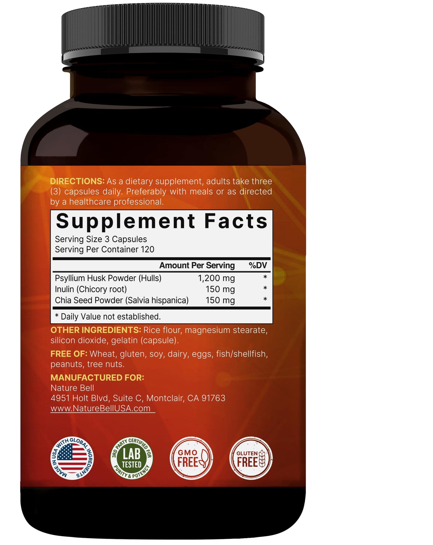 NatureBell Psyllium Husk Fiber – 1,500mg/Serving, 360 Capsules | Organic, Non-GMO