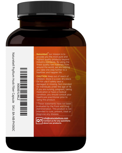 NatureBell Psyllium Husk Fiber – 1,500mg/Serving, 360 Capsules | Organic, Non-GMO