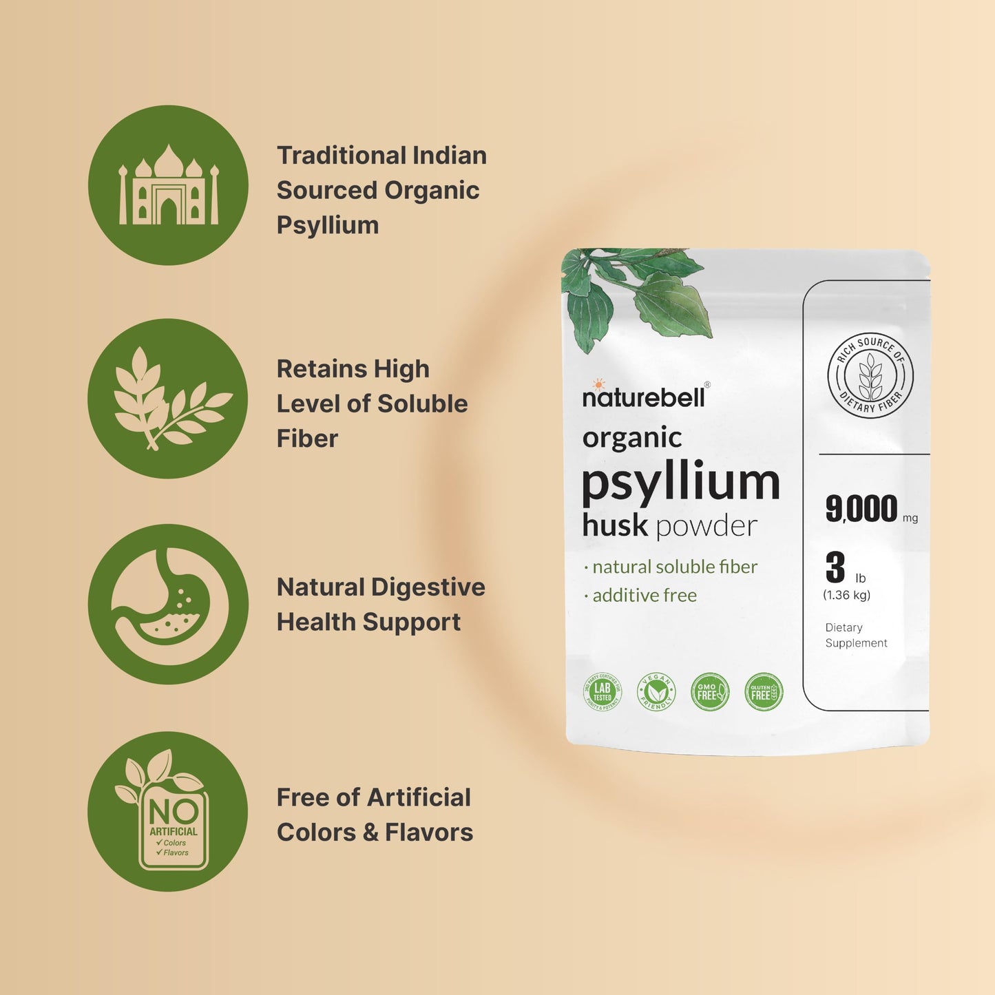 NatureBell Psyllium Husk Fiber Powder – 9,000mg per Serving, 3lb (48oz) – Organic Soluble Fiber for Digestive & Gut Health, Plant-Based, Unflavored, Non-GMO, Gluten-Free