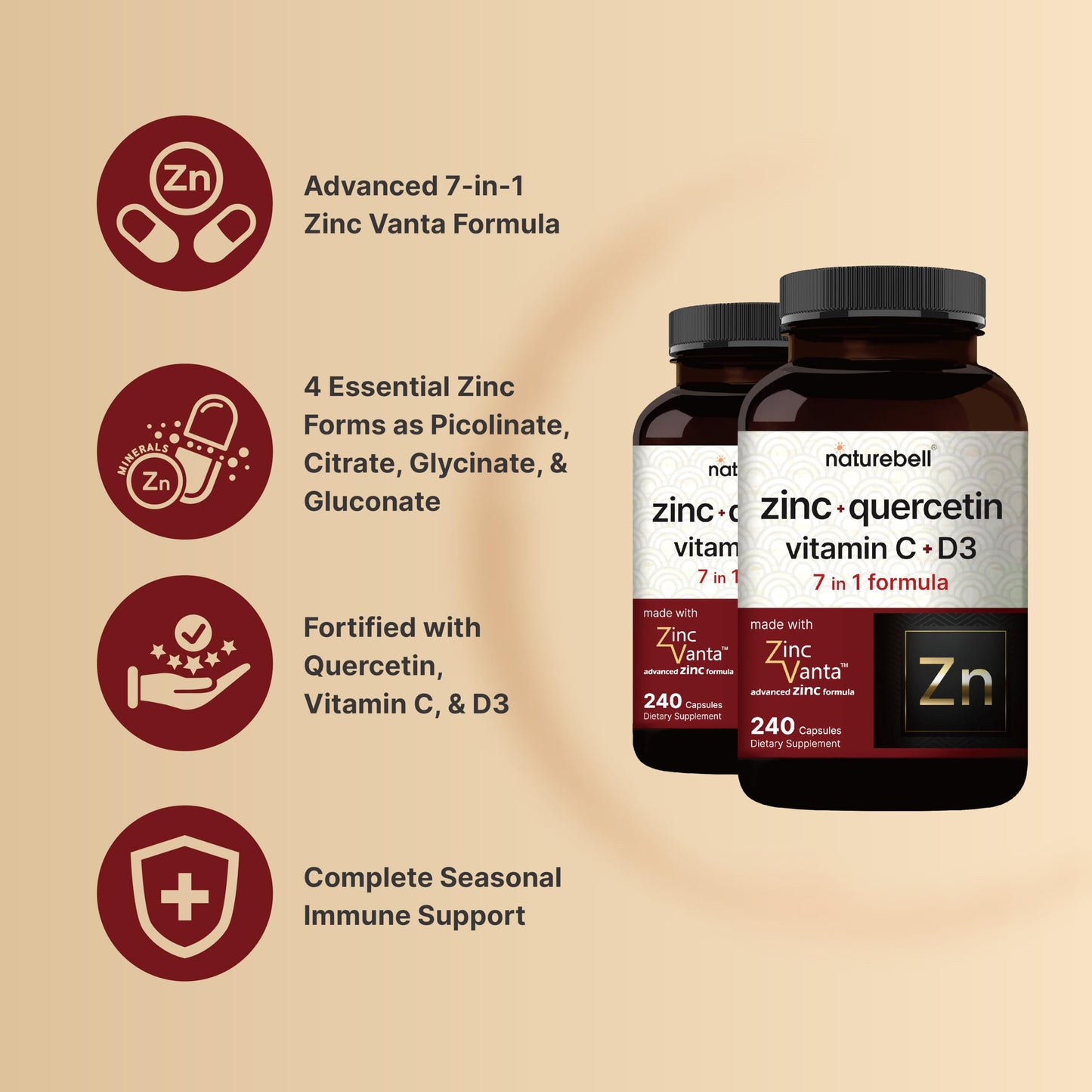 NatureBell Zinc Quercetin 480 Capsules (2 Pack) - 4-in-1 Immune Support