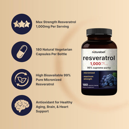 NatureBell Resveratrol Supplement 1000mg per Serving | 180 Veggie Capsules | 99% Trans-Resveratrol | Non-GMO