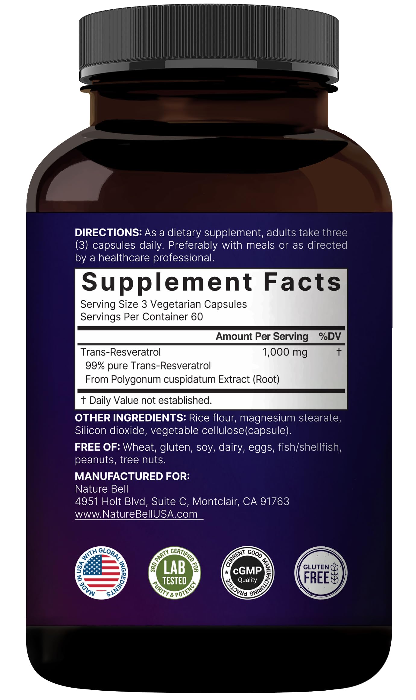 NatureBell Resveratrol Supplement 1000mg per Serving | 180 Veggie Capsules | 99% Trans-Resveratrol | Non-GMO