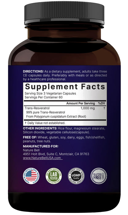 NatureBell Resveratrol Supplement 1000mg per Serving | 180 Veggie Capsules | 99% Trans-Resveratrol | Non-GMO