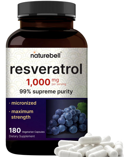 NatureBell Resveratrol Supplement 1000mg per Serving | 180 Veggie Capsules | 99% Trans-Resveratrol | Non-GMO