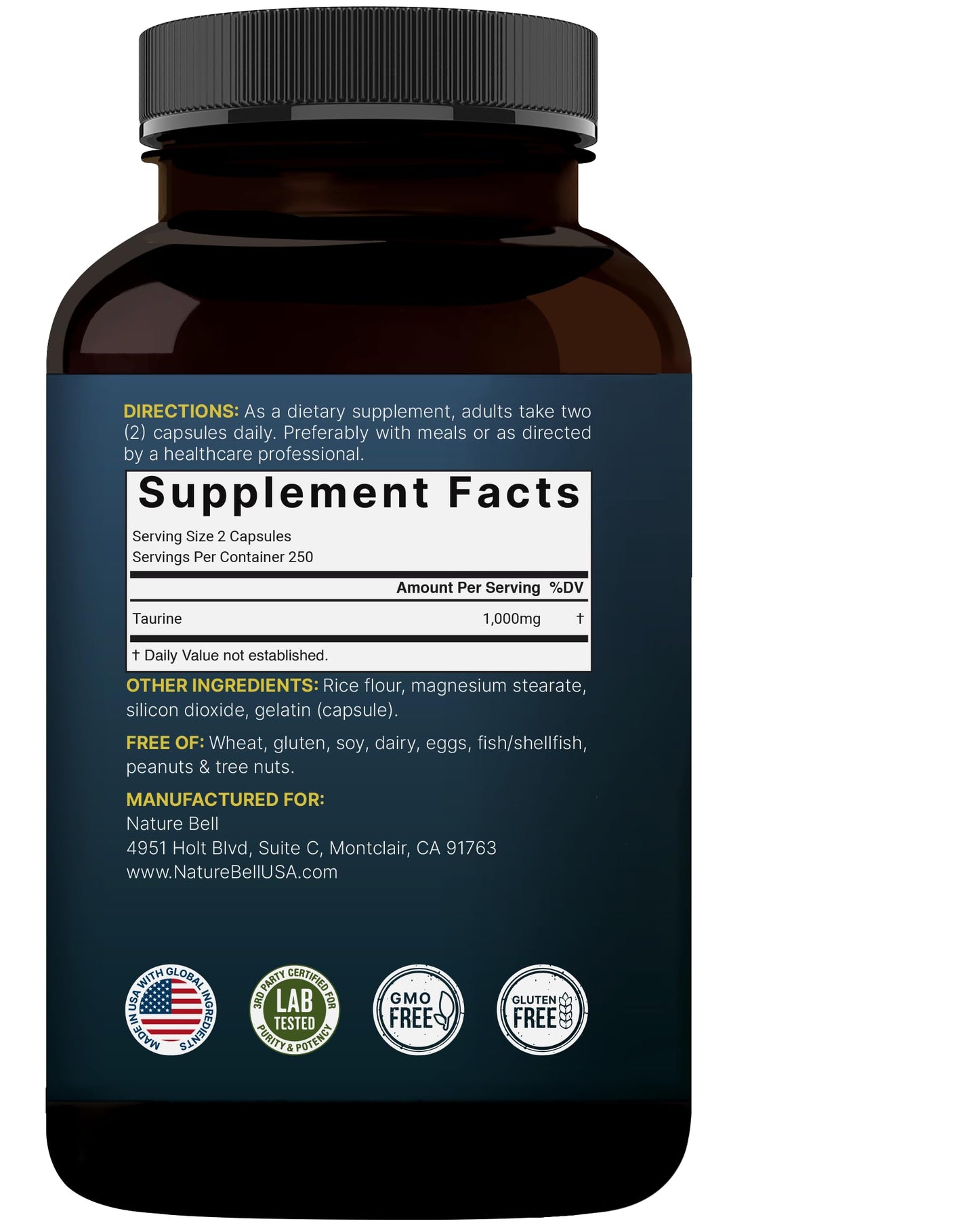 NatureBell Taurine 1,000mg – 500 Capsules | Double Strength Taurine Supplement – Non-GMO & Gluten Free
