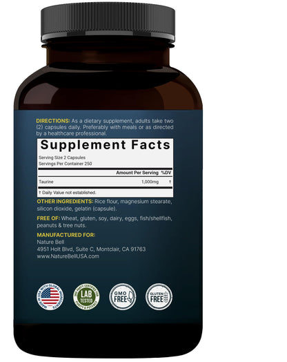 NatureBell Taurine 1,000mg – 500 Capsules | Double Strength Taurine Supplement – Non-GMO & Gluten Free