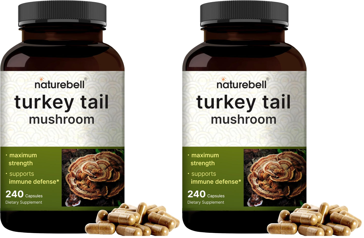 NatureBell Turkey Tail Mushroom Capsules – 15,000mg/Serving, 240 Count, 25:1 Extract (Pack of 2) | Immune & Brain Health