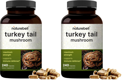 NatureBell Turkey Tail Mushroom Capsules – 15,000mg/Serving, 240 Count, 25:1 Extract (Pack of 2) | Immune & Brain Health