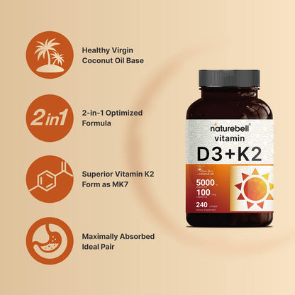 NatureBell Vitamin D3 5000 IU + K2 100 mcg - 240 Softgels | Virgin Coconut Oil