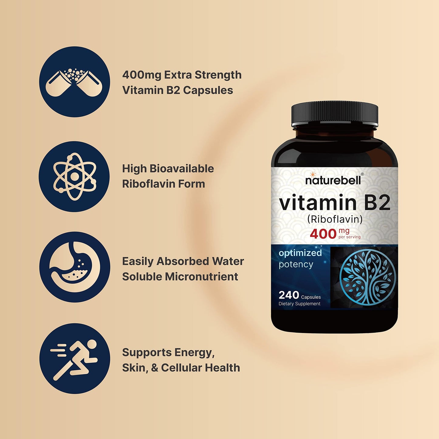 NatureBell Vitamin B2 Riboflavin 400mg - 240 Capsules | Essential Daily B Vitamin, Non-GMO, Gluten Free