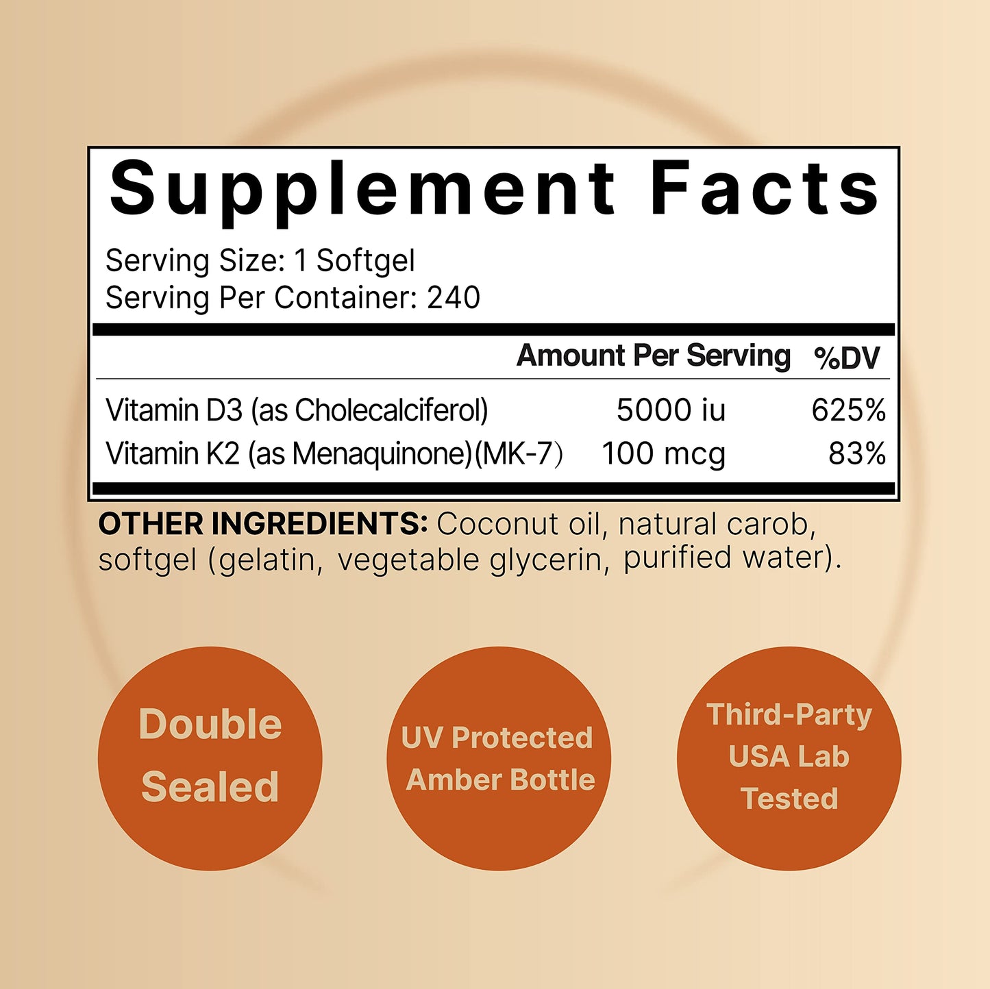 NatureBell Vitamin D3 5000 IU + K2 100 mcg - 240 Softgels | Virgin Coconut Oil