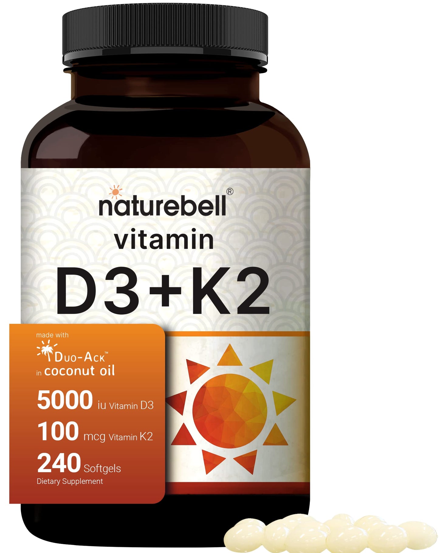 NatureBell Vitamin D3 5000 IU + K2 100 mcg - 240 Softgels | Virgin Coconut Oil