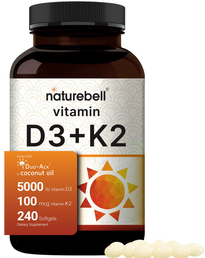 NatureBell Vitamin D3 5000 IU + K2 100 mcg - 240 Softgels | Virgin Coconut Oil