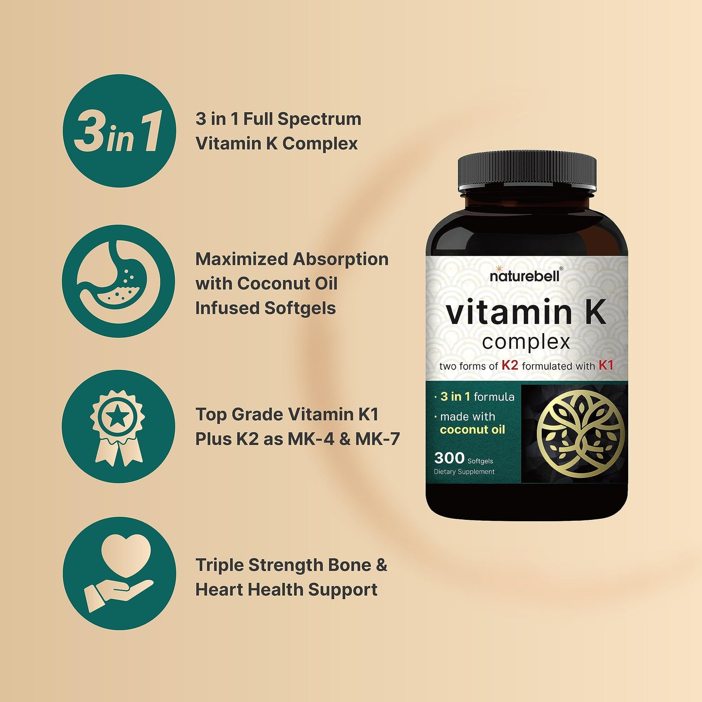NatureBell Vitamin K Complex K1+K2 (MK-7/MK-4) 2600mcg | 300 Softgels | Non-GMO