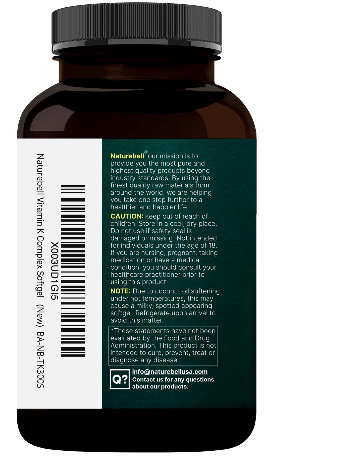 NatureBell Vitamin K Complex K1+K2 (MK-7/MK-4) 2600mcg | 300 Softgels | Non-GMO