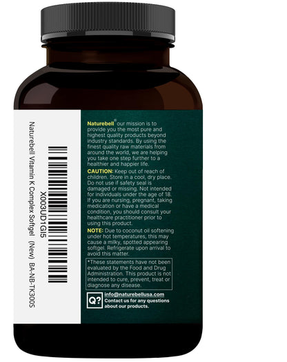 NatureBell Vitamin K Complex K1+K2 (MK-7/MK-4) 2600mcg | 300 Softgels | Non-GMO