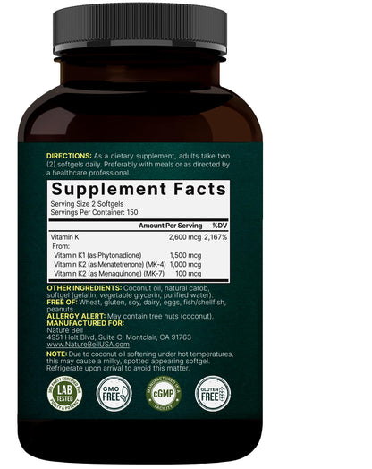 NatureBell Vitamin K Complex K1+K2 (MK-7/MK-4) 2600mcg | 300 Softgels | Non-GMO