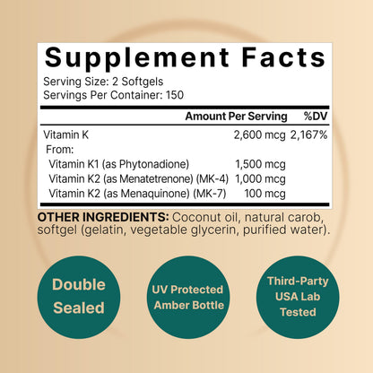 NatureBell Vitamin K Complex K1+K2 (MK-7/MK-4) 2600mcg | 300 Softgels | Non-GMO